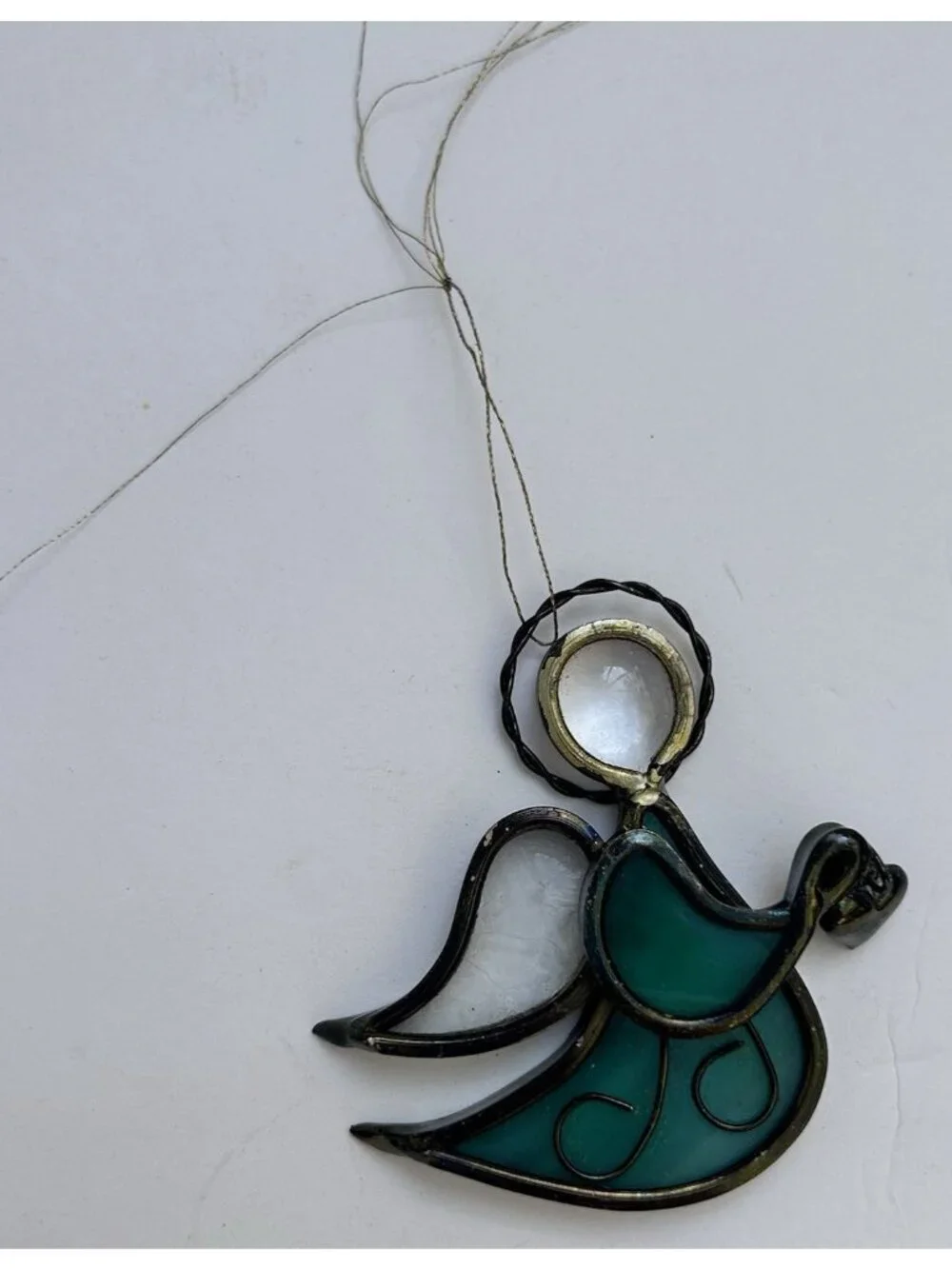 Vintage Stained Glass Angel Ornament Suncatcher Green w/ Hanging Heart 2.75